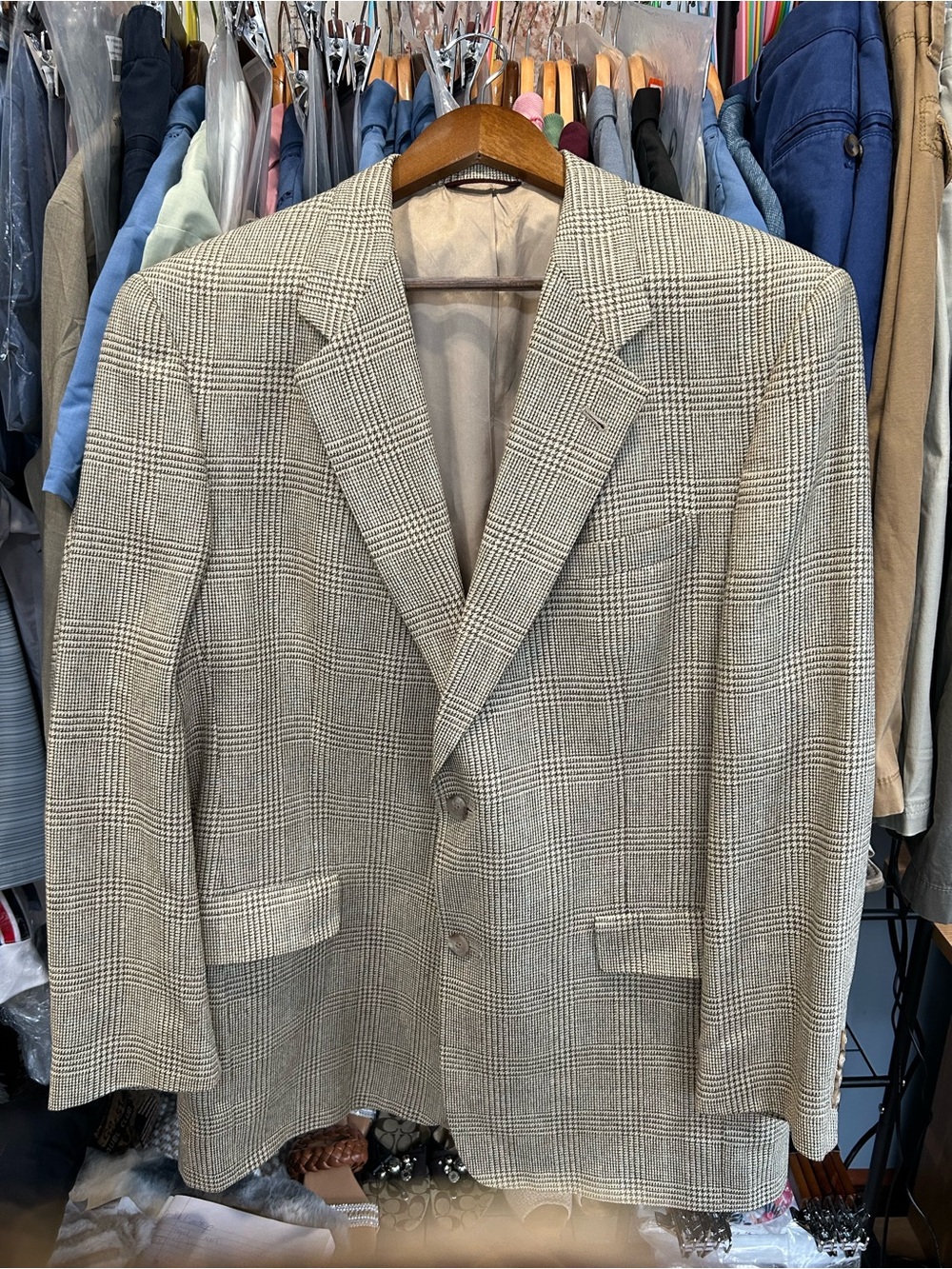 Hart Schaffner Marx | 43L | Men's Glen Plaid Blazer in Beige and Black